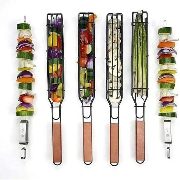 Non-Stick BBQ Grilling Basket Set 4 Pieces / Durable Steel BBQ Tools For Dogs Sausages Meats/ Easy To Clean Dishwasher 250222BJ
