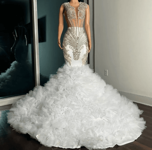 Cascading Tier Ruffles White Prom Dresses Sexy Illusion Bodice Crystals Beads Women Formal Party Occasion Gowns Evening Vesetidos