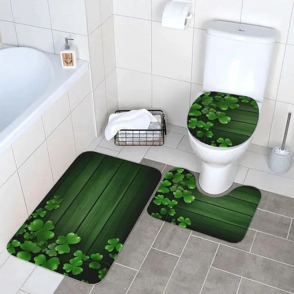 St Patricks Day Sparkle Clovers Shamrocks Wood Bath Rugs 3 Piece Set Bathroom MatU-Shaped Toilet Pedestal RugToilet Lid Cover 250226