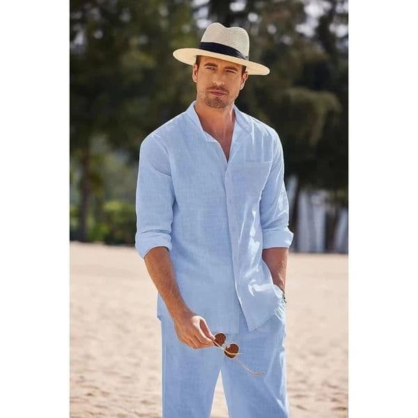 Sky Blue White Black Sports Suit Mens Beach Casual Linen Loose Long-sleeved Shirt Trousers Workwear Two-piece Male Set 250222BJ