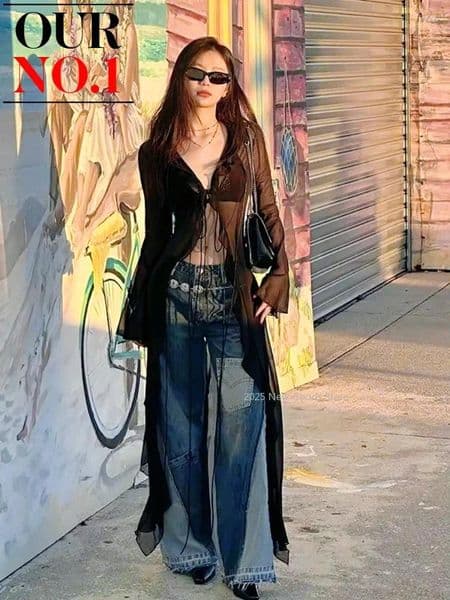 Women's Knits Vintage Black See Through Long Cardigan Slim V Neck Streetwear Sexy Grunge Tops 2025 Summer Y2k Aesthetic Bandage Blouse Women