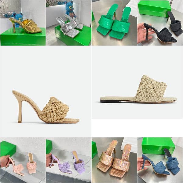 Luxury heels slippers designer slides sandals flats shoes women real leather weave sliders 9 cm high heels sque head flats slipper summer beach outdoors casual shoes