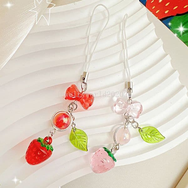 Strawberry Pendant Keyring Bow Mobile Phone Strap Woman Bag Pendant Sweet Keychain Phone Strap Key Rings Jewelry Gifts