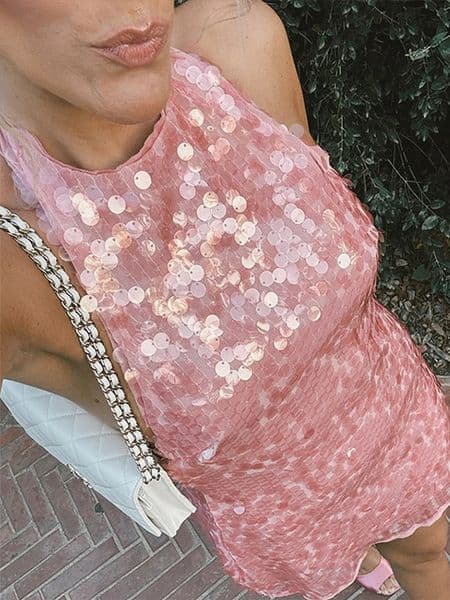 Halter Collar Bead Dress Sequin Glitter Lace Up Hanging Neck Fashion Sexy Backless Socialite Party Gown Pink Beach Short Dresses 250225