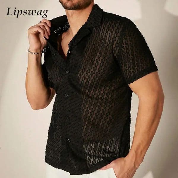Fashionable hollow jacquard mesh shirt mens short sleeved button top transparent sexy summer mens breathable cardigan 250222