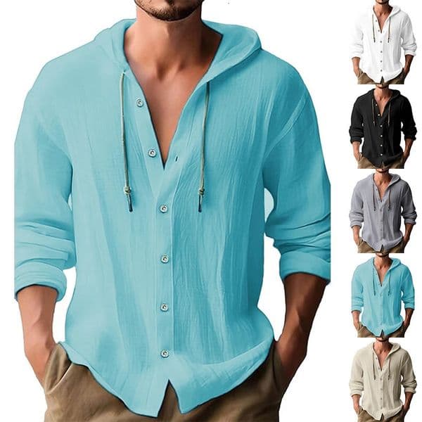 Summer Mens Linen Shirt Solid Streetwear Long Sleeve Hoodie Cardigan Clothing For Men Button Tops Casual Loose Hooded 250214ZBANJIA
