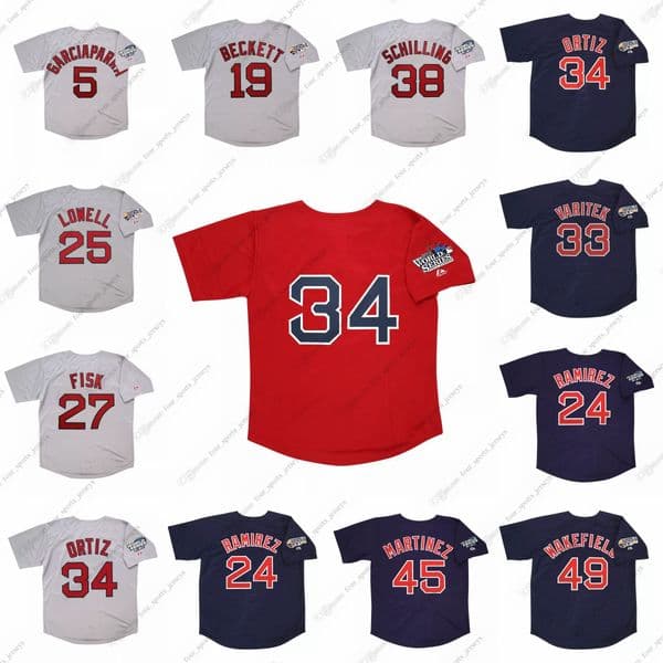 Red Sox Retro baseball jersey 27 Carlton Fisk 33 Jason Varitek 34 David Ortiz 38 Curt Schilling 45 Pedro Martinez 49 Tim Wakefield 5 Nomar Garciaparra 10 Coco Crisp