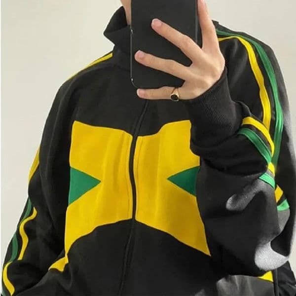 Womens Vintage Jamaica Sweatshirt Letter Embroidered Street Mens and Zipper Grunge Goth 2000s Vintage Y2K Jacket Coat punk 250226