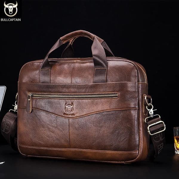 Bullcaptain briefcase shoulder messenger bag mens genuine leather 14 inch notebook business handbag 250221