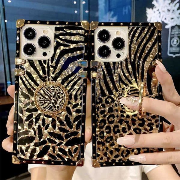 Luxury Leopard Gold Plating Case for iPhone 16 15 Pro Max 14 13 12 11 XR X 8 7 Plus Glitter Diamond Ring Stand Cover Funda 15Pro Z250227
