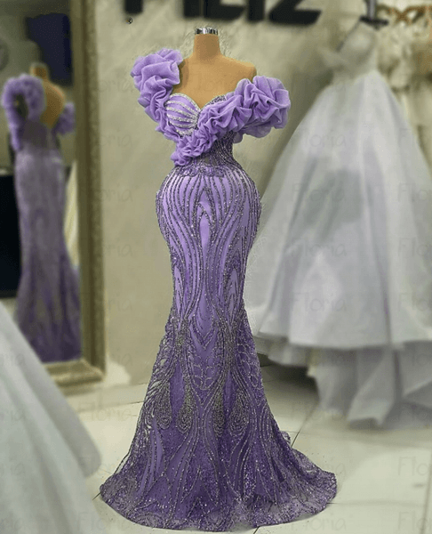 Fanstic Purple Lace Sequined Prom Dresses Ruffles Off Shoulder Sequins Beads Long Evening Party Gowns Robe de bal Custom Made