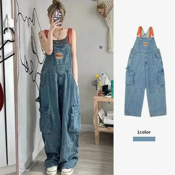 Cool girl style ed spicy ink denim shoulder strap jumpsuit womens autumnwinter loose fit retro onepiece pants 250227