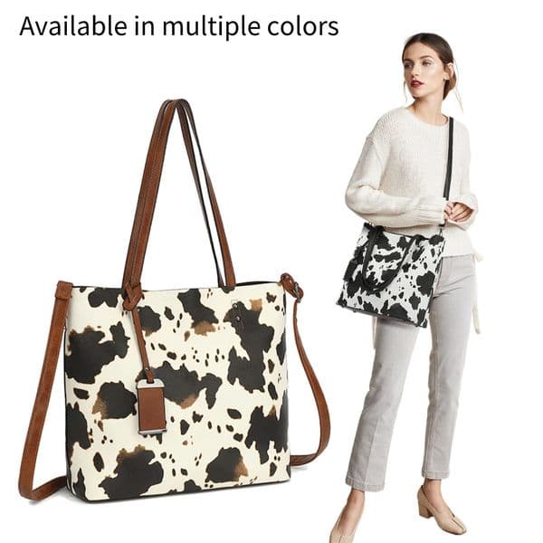 Ship from US Cow Print Tote Bag for Women Western Purse Boho Top Handle Stachel Handbag with Guitar Strap Gift Brown 250227FBBBJ