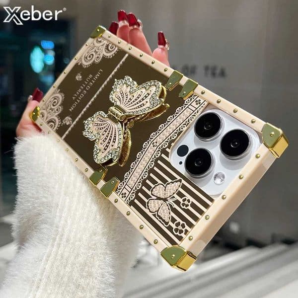 Luxury Diamond Butterfly Bracket Stand Phone Case For iPhone 16 15 Pro Max 14 13 12 11 Mirror Shockproof Protection Bumper Cover Z250227