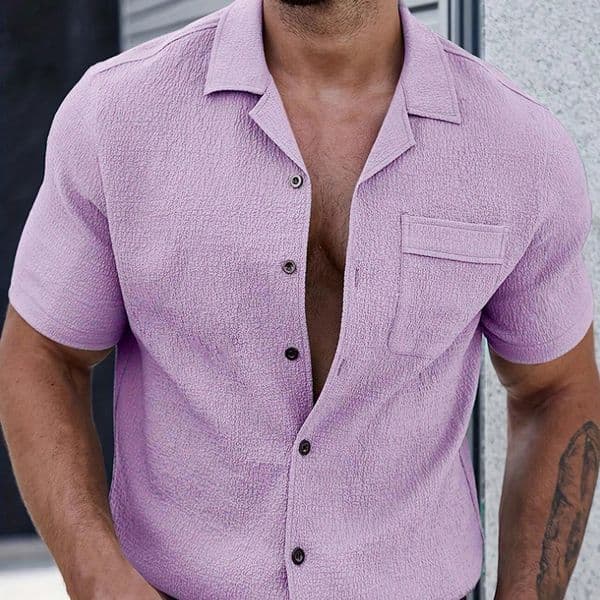 Mens Casual Short Sleeve Shirt Streetwear Lapel Button Down Shirts For Men Vintage Shirt Solid Vacation Blouse Mens Clothing 250222BJ