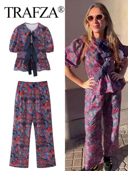 TRAFZA Floral Print Blouse Pant Suit For Women Bow Lace Up O Neck Shirts Casual High Waist Straight Trousers Female Streetwear 250226