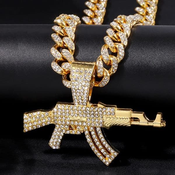 Hip Hop Men Women AK47 Submachine Gun Pendant Necklace Gold Silver Colour Iced Out Crystal Cuban Link Chain Necklaces Jewelry 250227