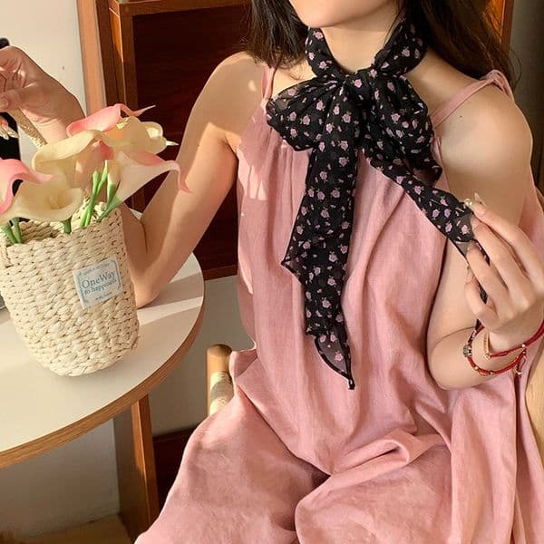 M728956 scarf female black polka dot rose long silk scarf insy2k hot girl ribbon literary style all-match high-grade ribbon