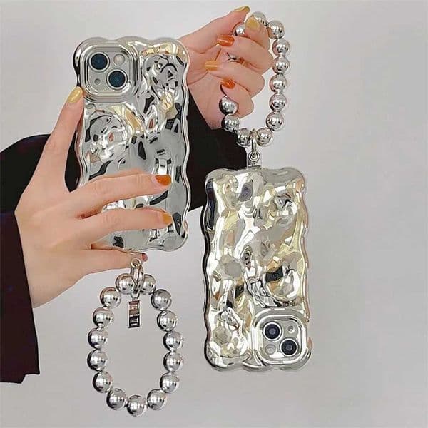 Luxury Electroplated 3D Meteorite Pattern Phone Case for iphone 15 14 13 11 12Pro Max Silver Shockproof Case Round Bead Bracelet Z250227