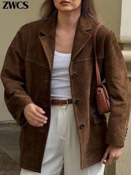 Vintage Suede Blazers Coat Women Loose Lapel Single Breasted Long Sleeve Pockets Jacket Autumn Lady High Street Outwear 250226
