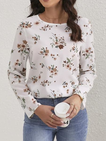 Ladies Floral Print O Neck Casual Long Sleeve Blouse Women Tops Shirts 250222BJ