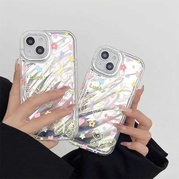 Butterfly Heart Pattern Wave Mirror Phone Case For iPhone 11 Pro Max 16 Cover 15 14 13 12 Pro Fashion Shockproof Anti-slip Read Z250227