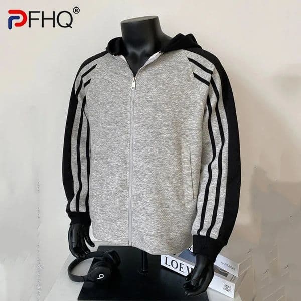 PFHQ Spring Cardigan Sweatshirt Contrast Color With Hat Long Sleeve Casual Male Tops Korea Fashion 21E1161 250226