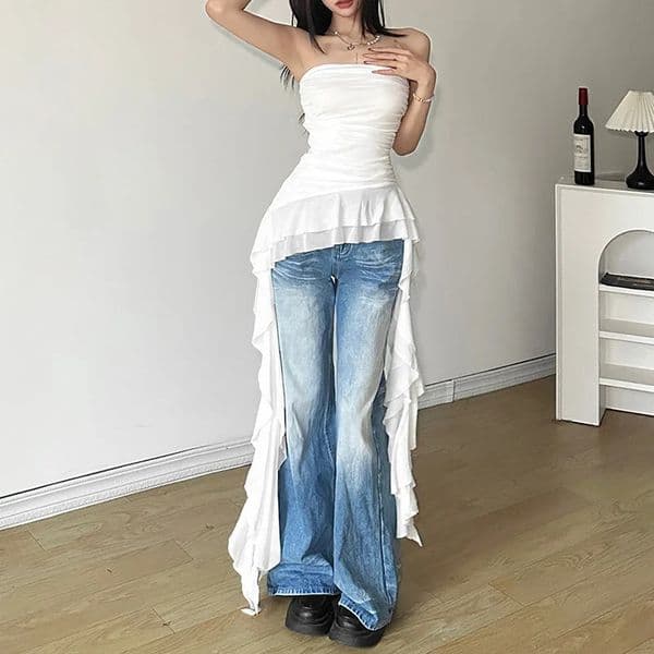 Nibber Spring Solid Color Sweet Gentle Cute All-match High Street Travel Sexy Women Chest Wrap ruched Tassel Vest 250226