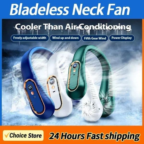 New 7000mAh Hanging Neck Portable Bladeless Mini USB Rechargeable Mute LED Digital Display Electric Fan Summer Air Cooler