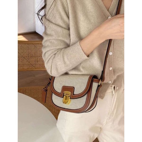 Small 2025 New Style Contrast hot Panel Canvas Retro One Shoulder Crossbody Saddle Bag