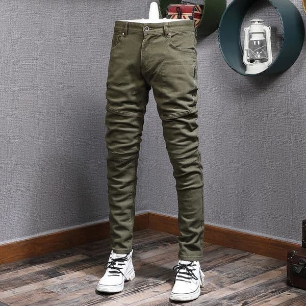 Streetwear Fashion Mens Jeans Army Green Elastic Slim Fit Spliced Biker Stretch Hip Hop Denim Pencil Pants 250228