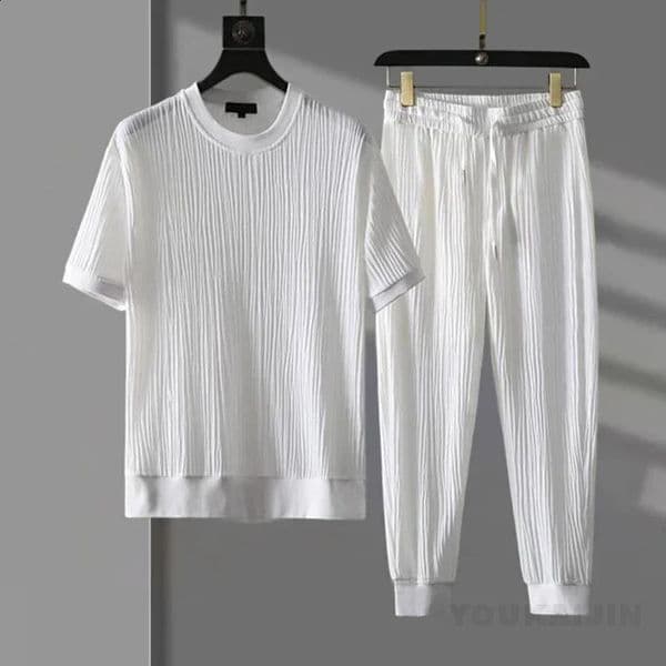 Summer Japanese Style Solid Color Mens Tshirt Pleated Elastic Breathable Short Sleeved Thin Loose Ankle Length Pants Sets 250228
