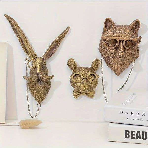 Antique bronze resin animal pendant golden deer head wall storage hook background accessories decorative patterns 250228