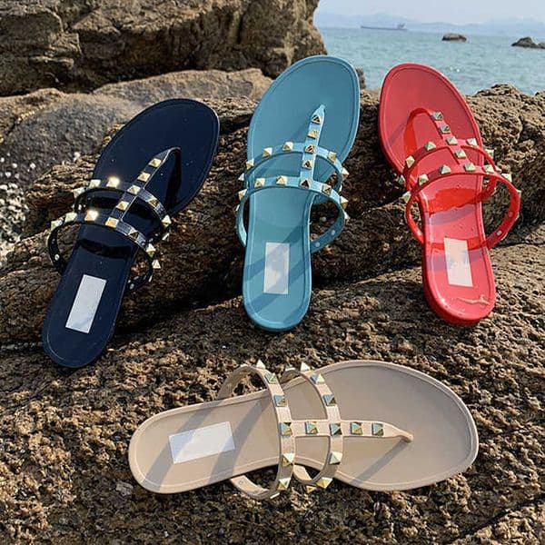 Slippers Summer new V-home rivet flat sandals womens clip toe slippers vacation beach anti slip jelly shoes J2502176EIBXDZYWX62IQEQ
