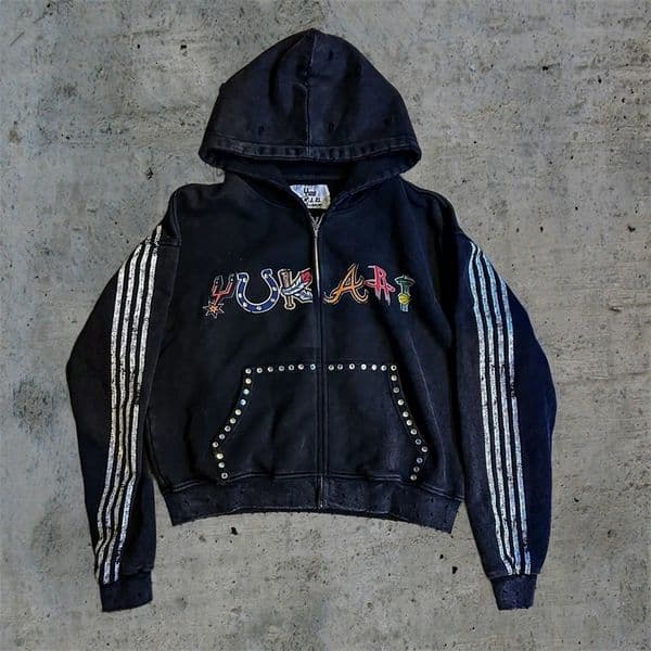Y2K Classic Stripes Graphic Print Oversized Zipper Hoodie Harajuku Distressed Black Hooded Sweatshirt Gothic Clothing Men Women 250227BJ