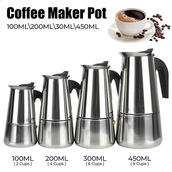 Coffee Maker Pot Moka Coffee Maker Stainless Steel 2/4/6/9 Cups Mocha Espresso Latte Stovetop Filter Coffee Pot for Kitchen 250224BJ
