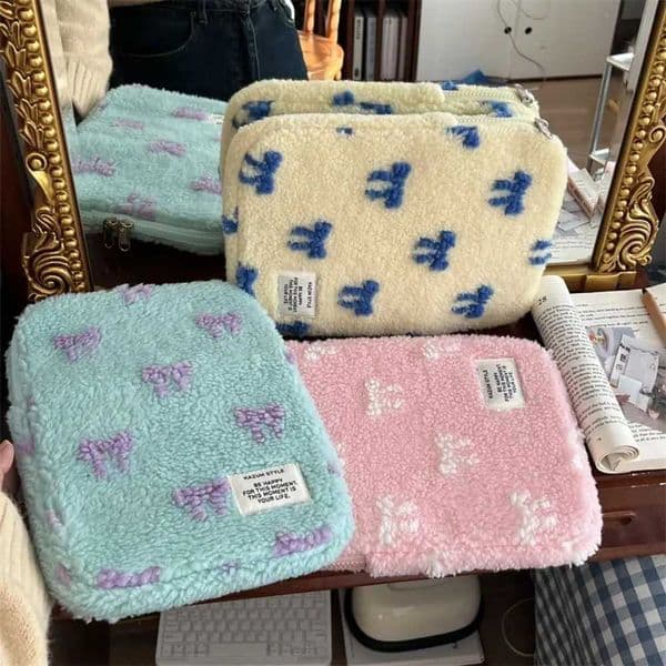 New 11/13/15.6 Inch Laptop Sleeve Case Bow Pattern Shockproof Notebook Cover Large Capacity Plush Tablet Protective Pouch Z250224