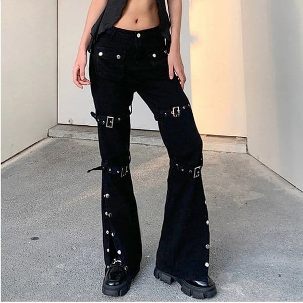 Streetwear Y2k Flared Jeans Womens Fashion Wide Straight Leg Punk Cargo Jean Baggy Pants Goth Trousers With Pockets 250228