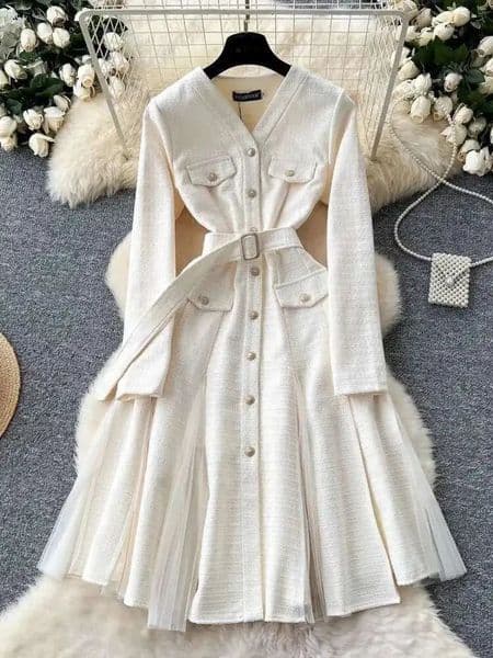Autumn Vintage Long Sleeve Mesh Tulle Tweed Woolen Midi Dresses Womens Pearls Golden Single Breasted Diamonds Belt Clothing 250529