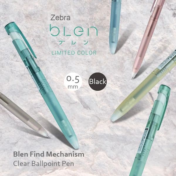 Zebra Blen Retractable Ballpoint Pens Clear Matte Black Ink Soft 0.5mm FM2 250530BJ