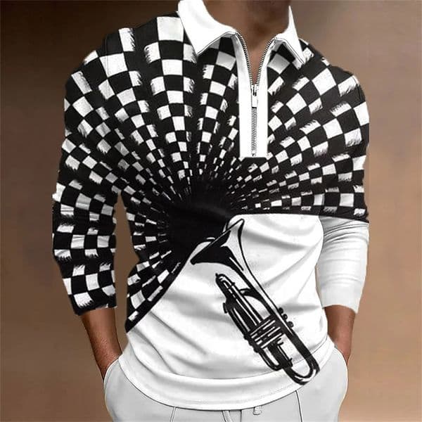 Retro Black White Plaid Print Polo T Shirt Man Fashion Sports Lapel Golf T-Shirt Men Tops Ventilate Gym Men Long Sleeve T-Shirt 250528