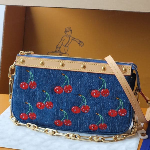 Womens Pochette leather Shoulder Designer bag Cherry Denim Genuine Leather Crossbody Cotton Lining Handbag Zipper Closure Clutch Bag Purse