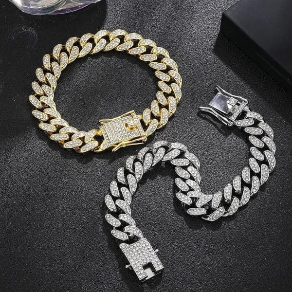 Cuban Chain Studded with Rhinestone Golden Alloy Thick Bracelet Hip Hop Heavy Metal Cool Mens Chain Bracelet Clasp 250530