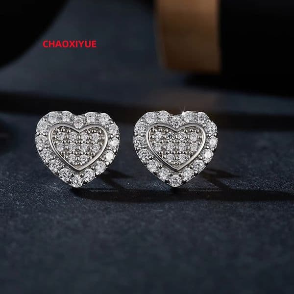 Classical Moissanite Stud Earrings Heart Shape Hip Hop Jewelry for Men and Women. for Wedding Iced Diamond Earrings