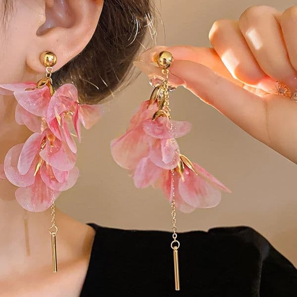 Pink Flowers Mesh Long Tassel Earrings For Women Sweet Temperament Crystal Drop Dangle Earring Party Wedding Jewelry Wholesale 250526