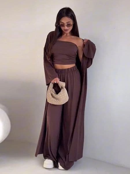 Women 3 Piece Sets Off Shoulder Sleeveless Cropped Tank Top Long Cardgian Elastic Wide Leg Pant Female Suit Summer Lady Outfits 250527