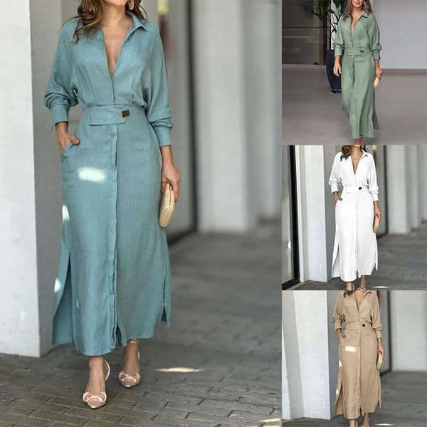 Style Commuting Strap Solid Color Waist Long Sleeve Irregular Shirt European and American Dress Women's 2025 New Casual Fashion Trendy Clothing