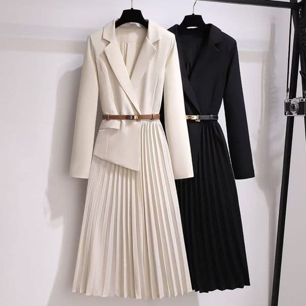 2024Vintage Pleated Belt Patchwork One Piece Blazer Dress Women Elegant Ladies Long Sleeve Notched Female Autumn Midi Vestido