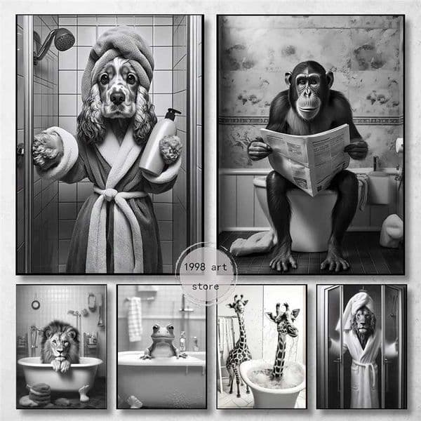 Animal Funny Cute Lion Dog in Bathtub Bathroom Art Poster Canvas Painting Wall Print Picture for Living Room Home DecorT250603