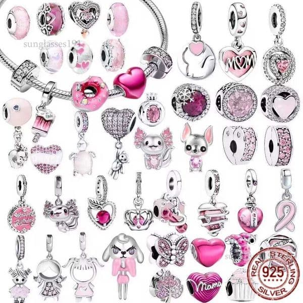 Silver 925 SilverCharmPink Original Love Glass Heart Shape Fashion Charms Set Pendant DIY Fine Beads Jewelry A Special Gift for Women